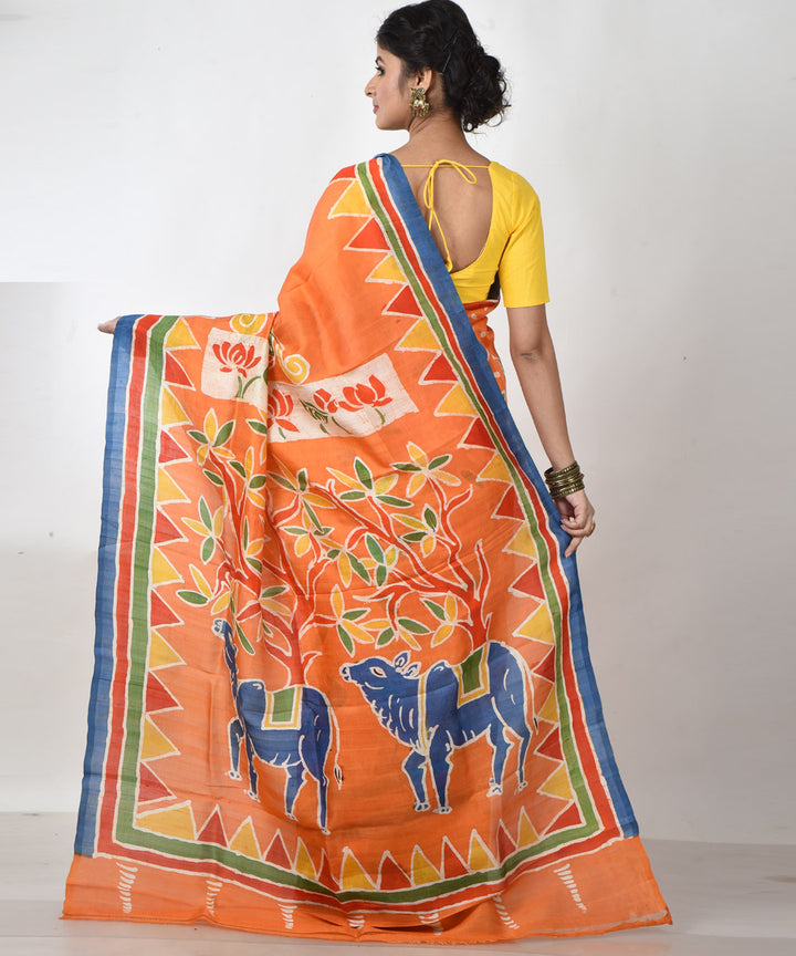 Yellow multicolor silk hand printed batik print saree