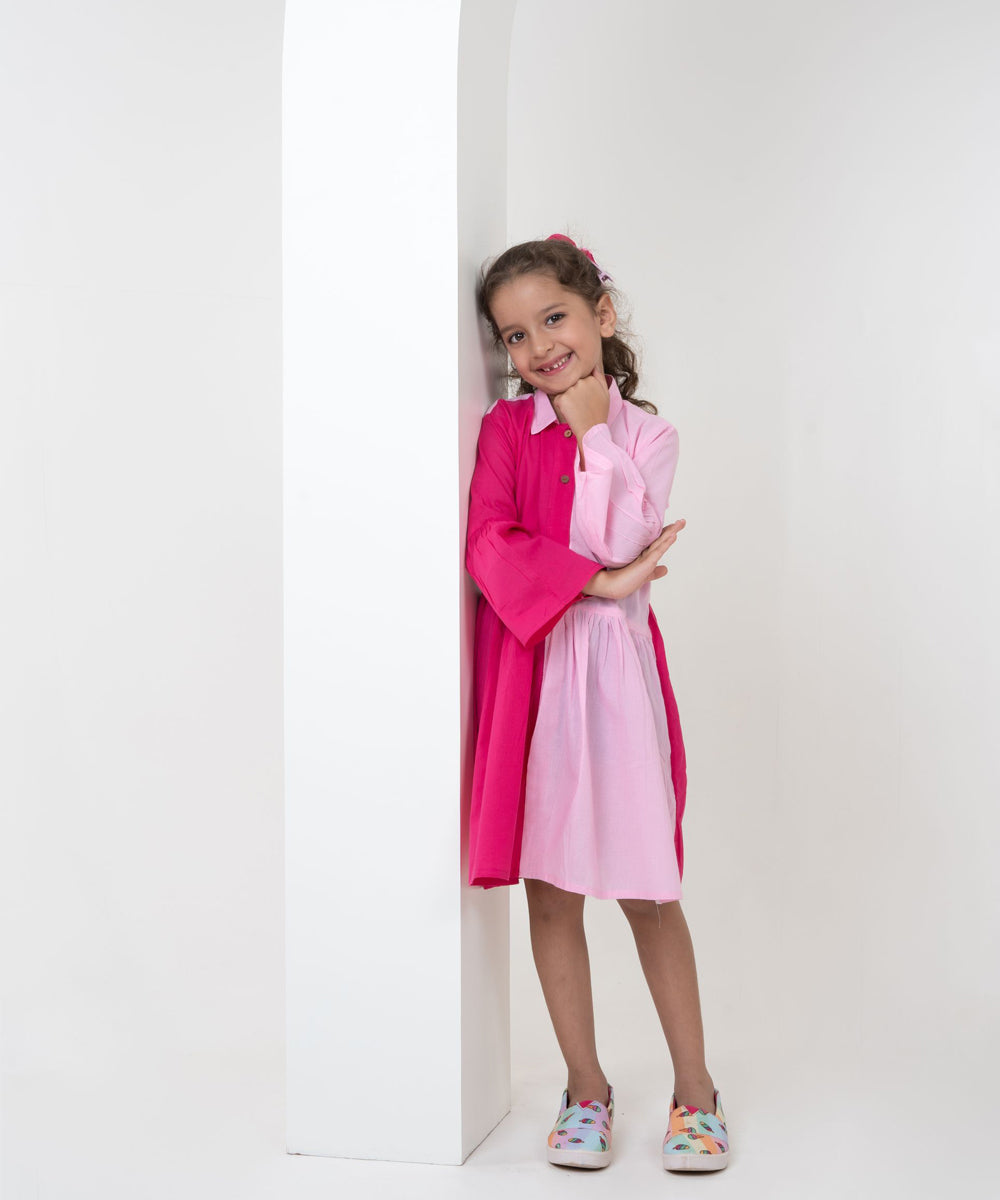 Pink handwoven color block cotton dress