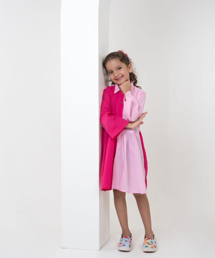 Pink handwoven color block cotton dress