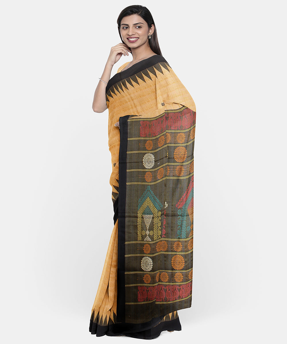 Yellow navy blue chhattisgarh tussar silk handwoven saree