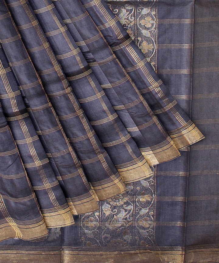 Navy blue checked chhattisgarh tussar silk handwoven saree