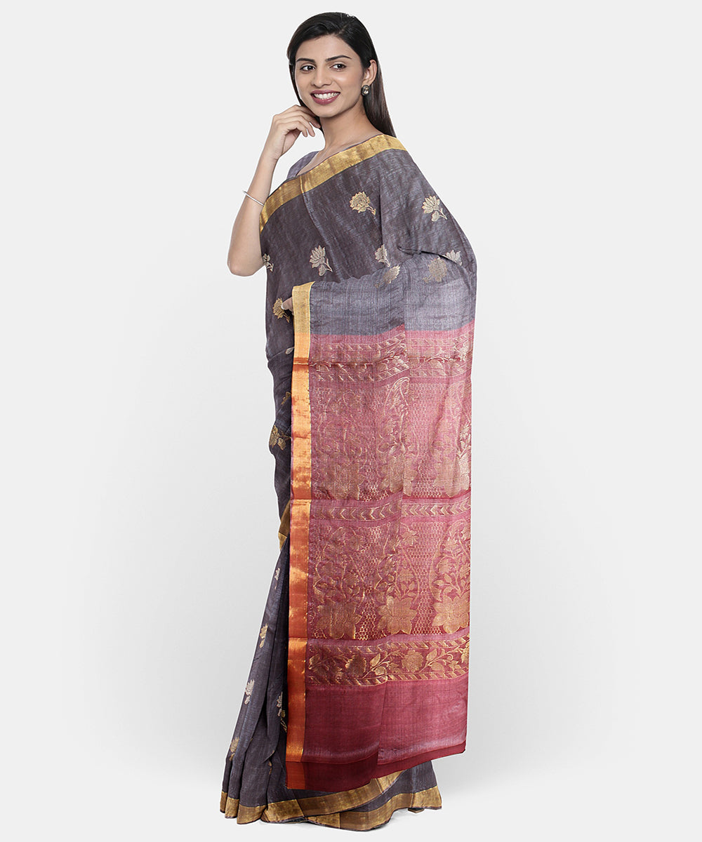 Grey handwoven chhattisgarh tussar silk saree