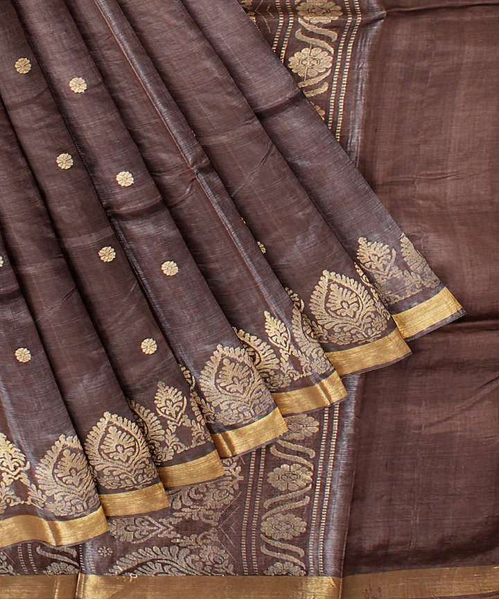 Grey beige chhattisgarh tussar silk handwoven saree