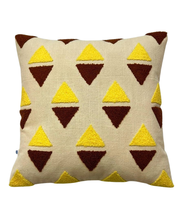 Cream yellow hand embroidered slub cotton cushion cover