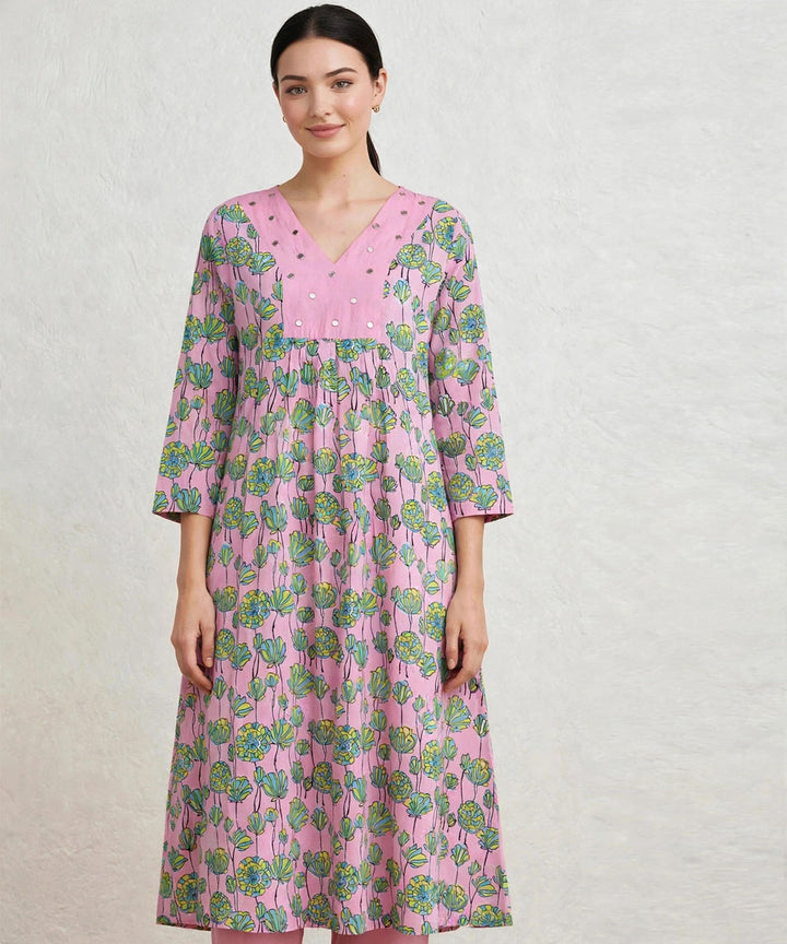 Pink lotus hand block printed A line cotton kurta set