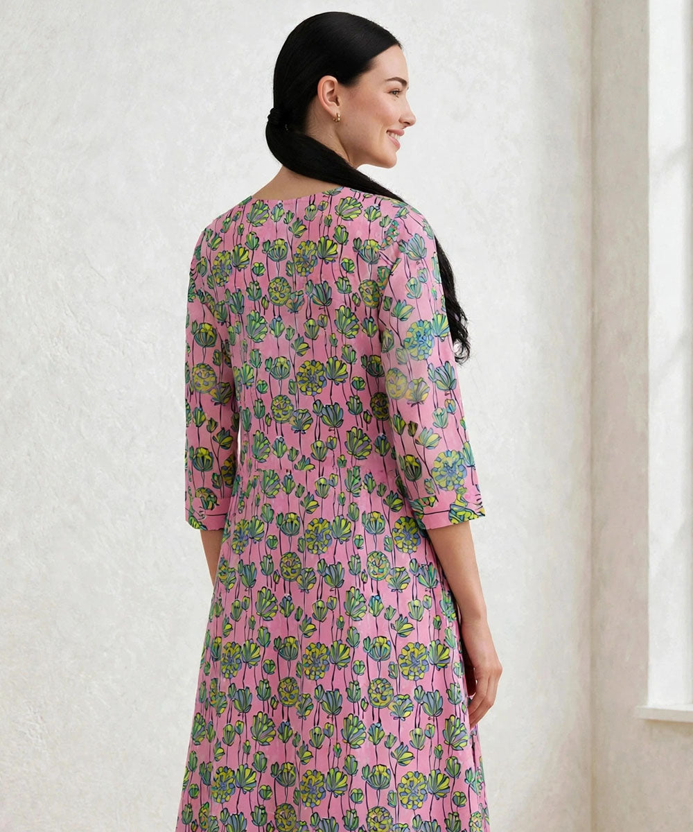 Pink lotus hand block printed A line cotton kurta set