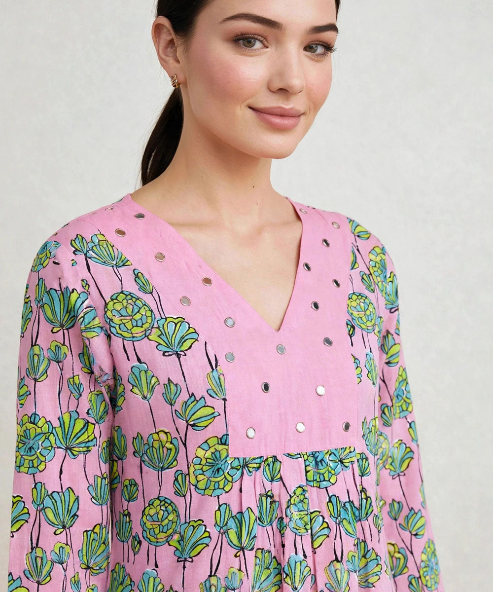 Pink lotus hand block printed A line cotton kurta set