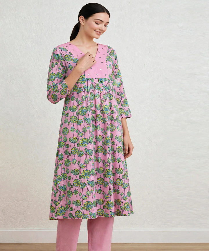 Pink lotus hand block printed A line cotton kurta set