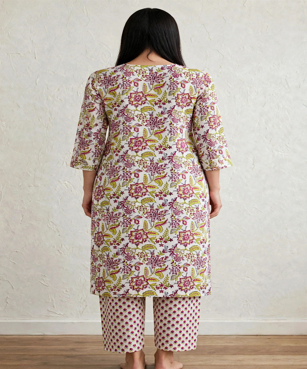 Yellow marron hand block printed A line cotton Kurta set