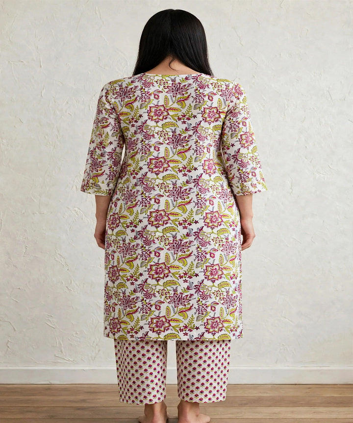 Yellow marron hand block printed A line cotton Kurta set