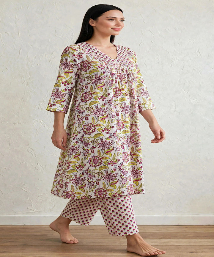 Yellow marron hand block printed A line cotton Kurta set