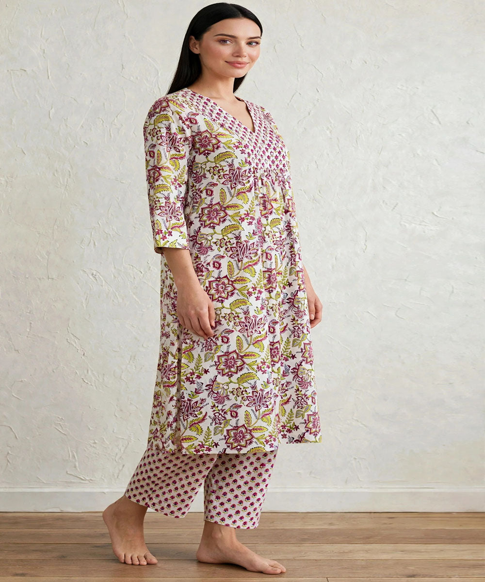 Yellow marron hand block printed A line cotton Kurta set
