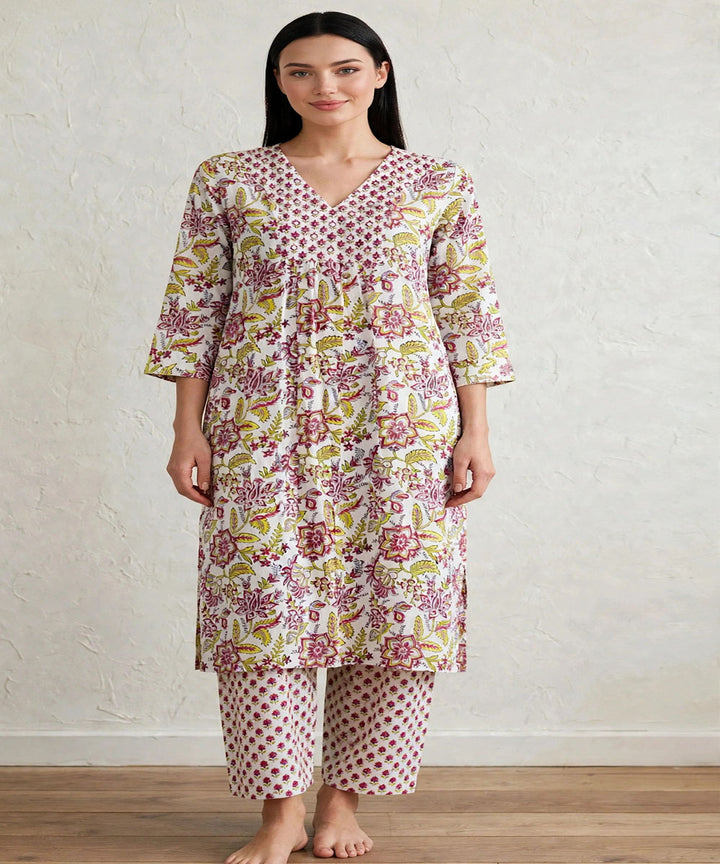 Yellow marron hand block printed A line cotton Kurta set