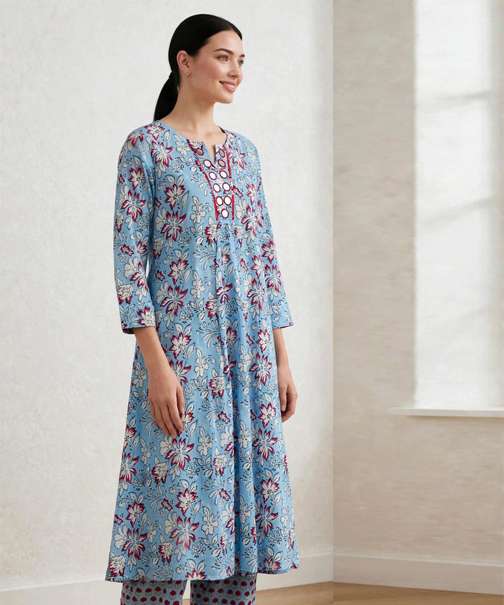 Aqua blue hand block printed A line pure cotton Kurta set