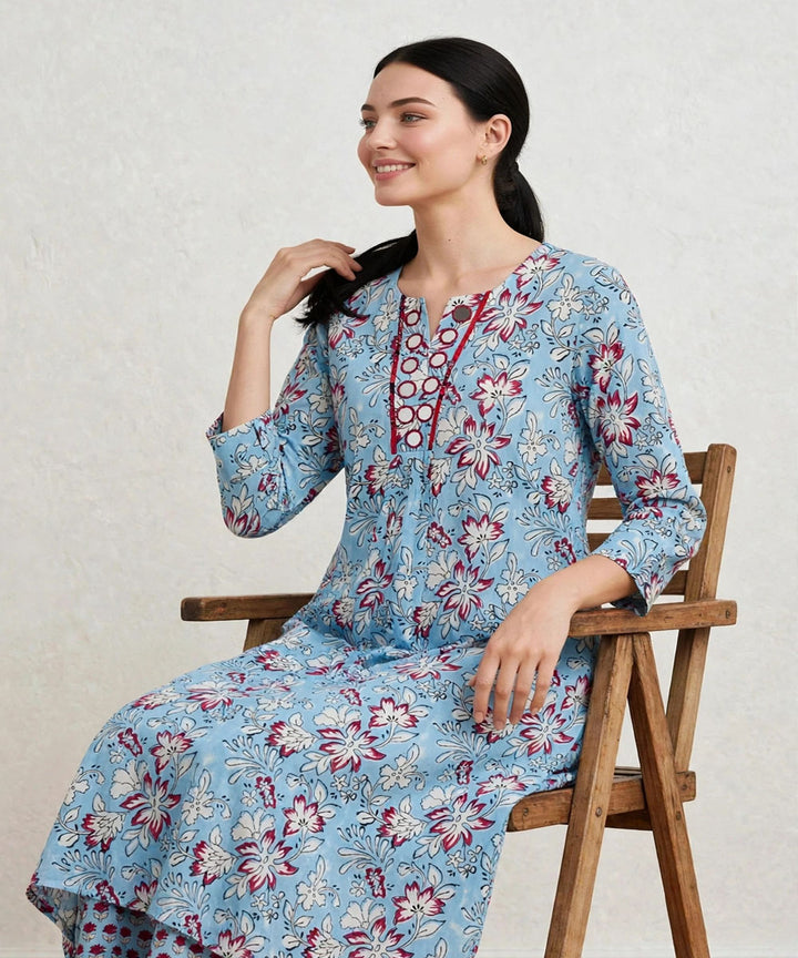Aqua blue hand block printed A line pure cotton Kurta set