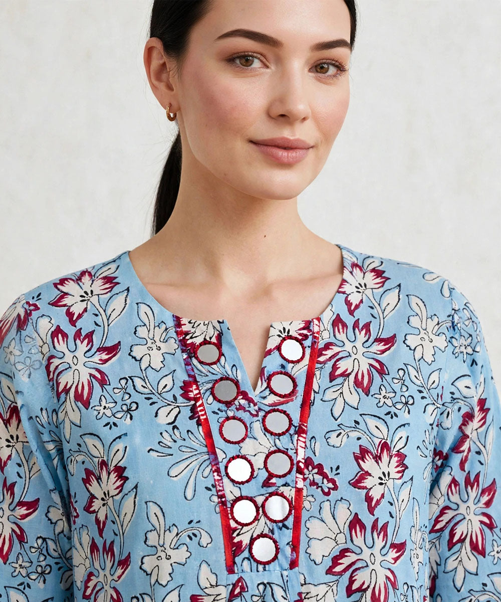 Aqua blue hand block printed A line pure cotton Kurta set