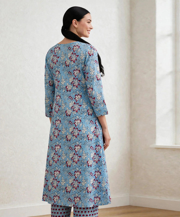 Aqua blue hand block printed A line pure cotton Kurta set