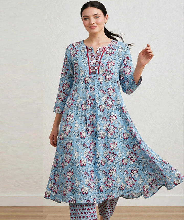 Aqua blue hand block printed A line pure cotton Kurta set