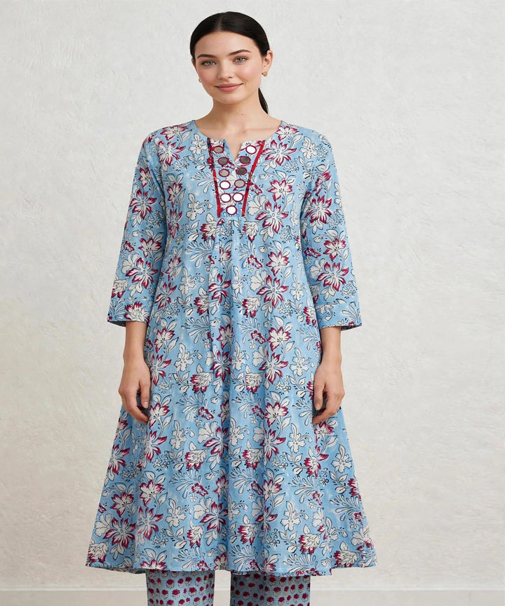 Aqua blue hand block printed A line pure cotton Kurta set