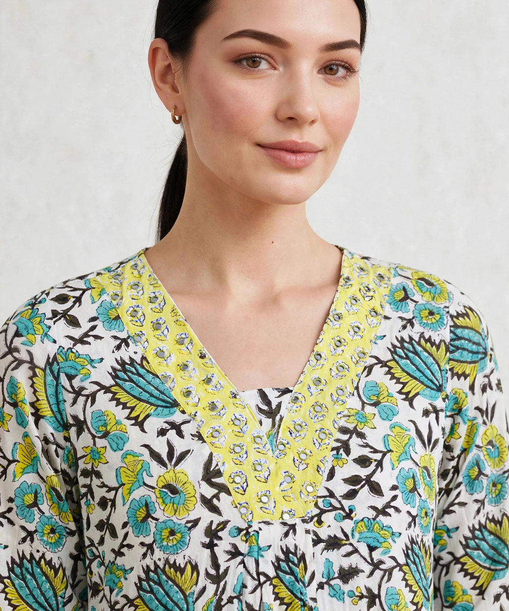 Green yellow hand block printed A line cotton Kurta set