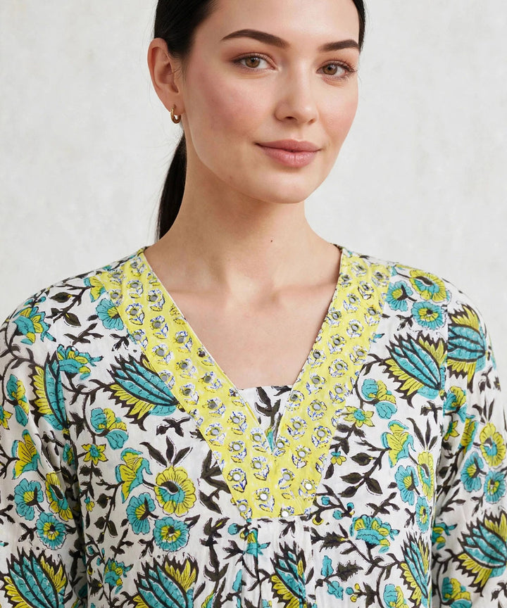Green yellow hand block printed A line cotton Kurta set
