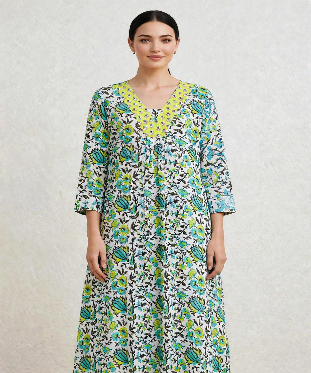 Green yellow hand block printed A line cotton Kurta set