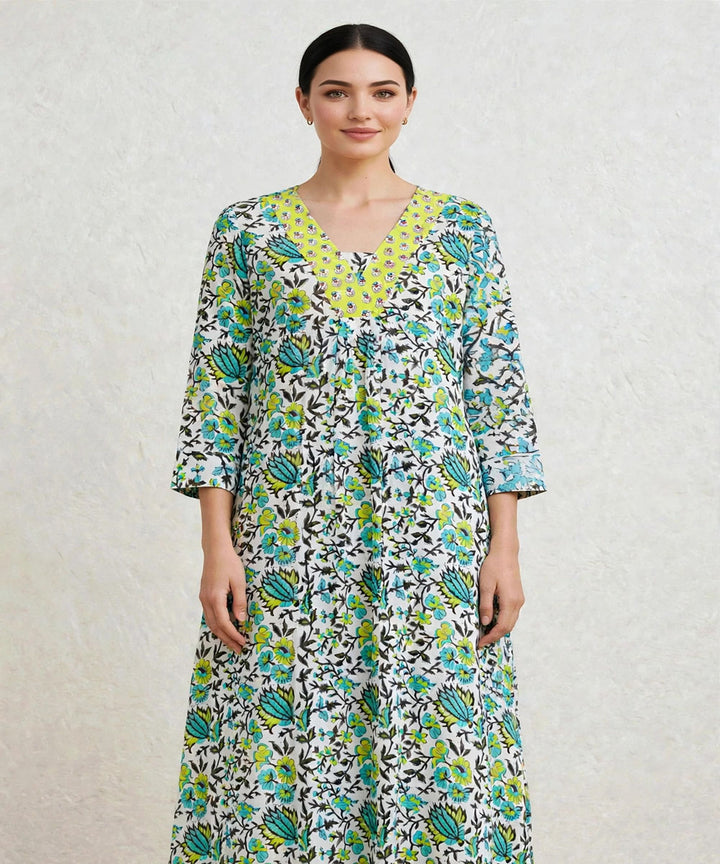 Green yellow hand block printed A line cotton Kurta set