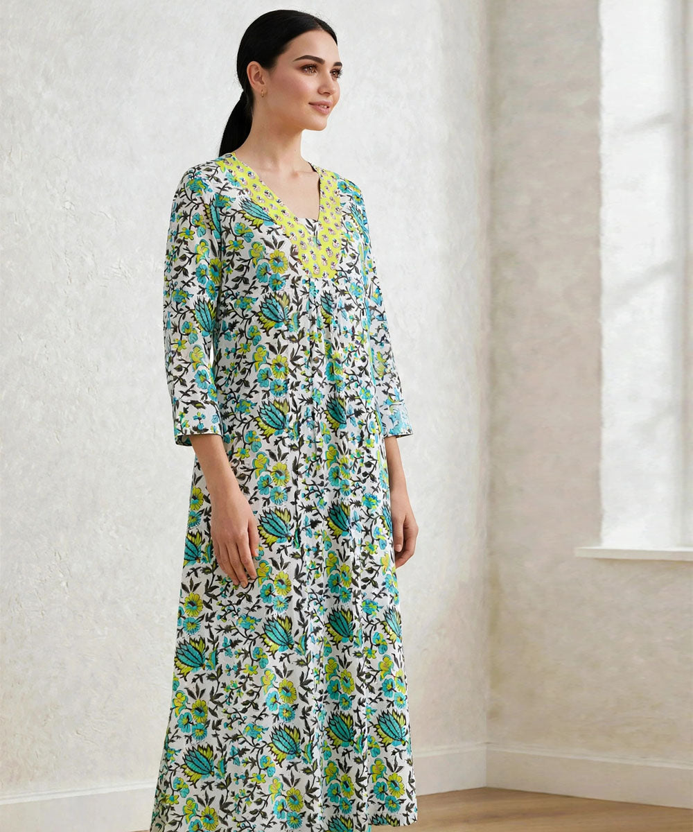 Green yellow hand block printed A line cotton Kurta set