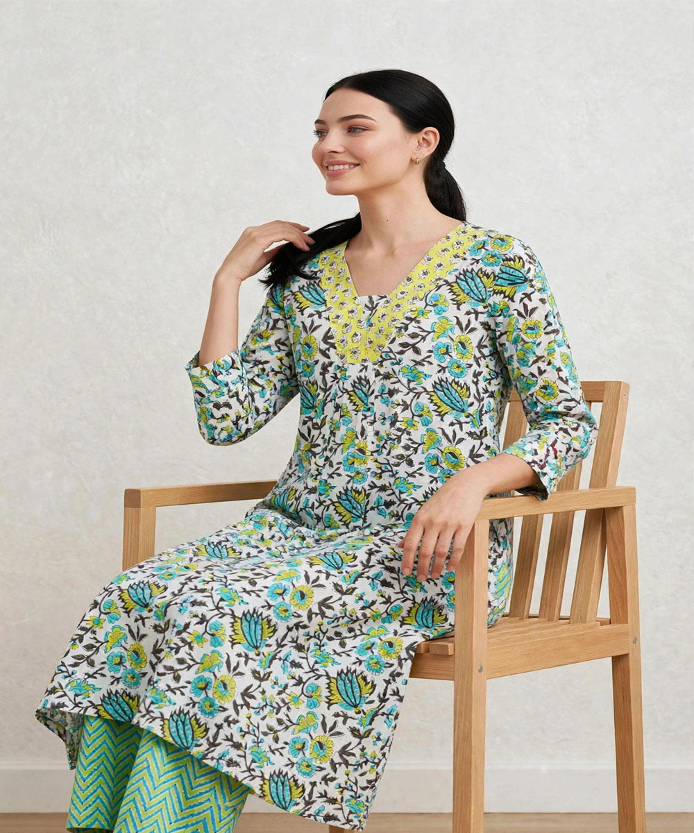 Green yellow hand block printed A line cotton Kurta set