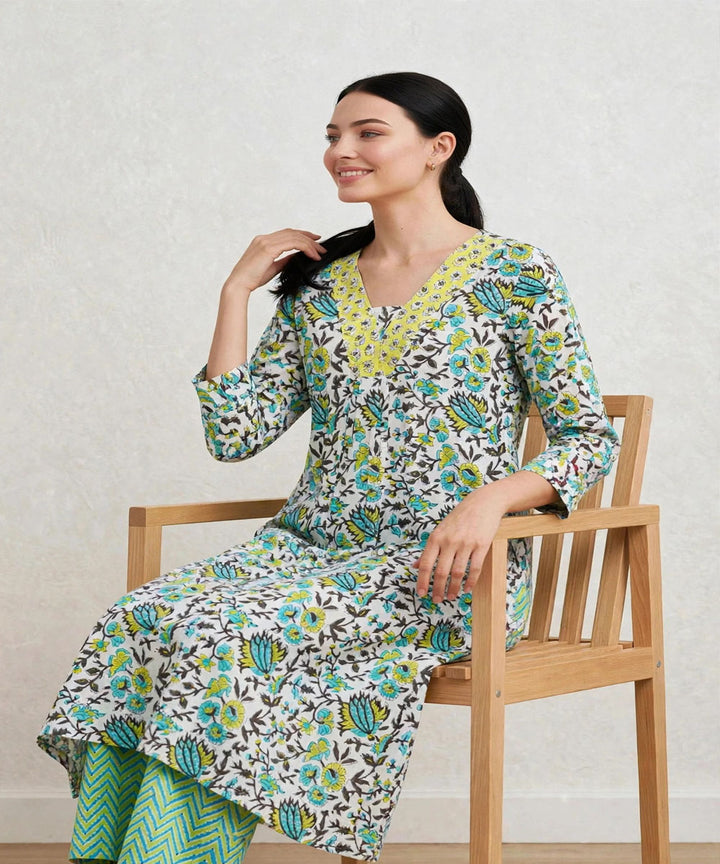 Green yellow hand block printed A line cotton Kurta set