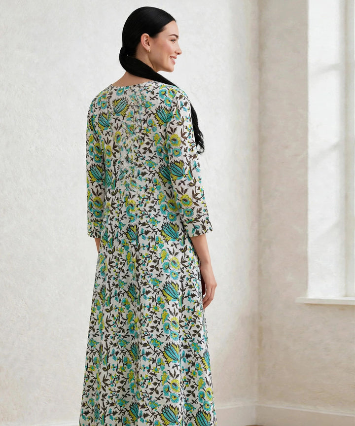 Green yellow hand block printed A line cotton Kurta set