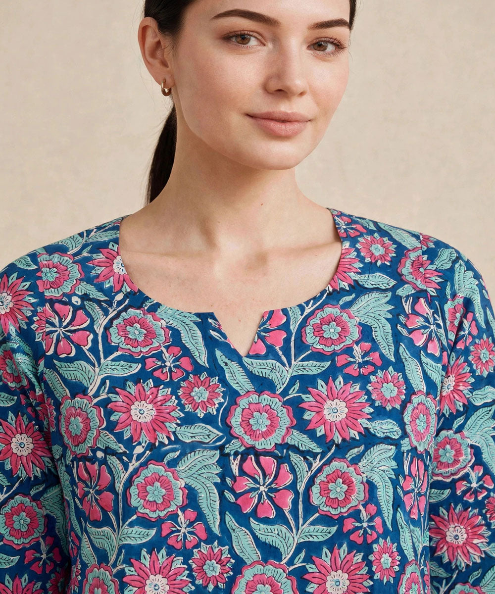 Blue hand block printed pure cotton kurti