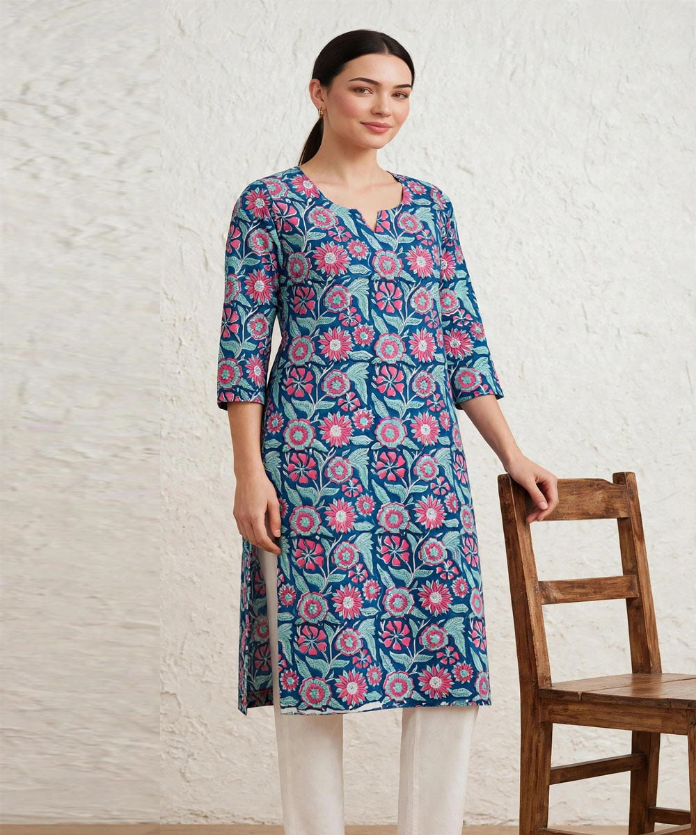 Blue hand block printed pure cotton kurti