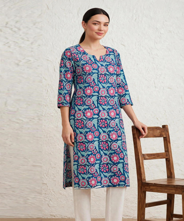 Blue hand block printed pure cotton kurti