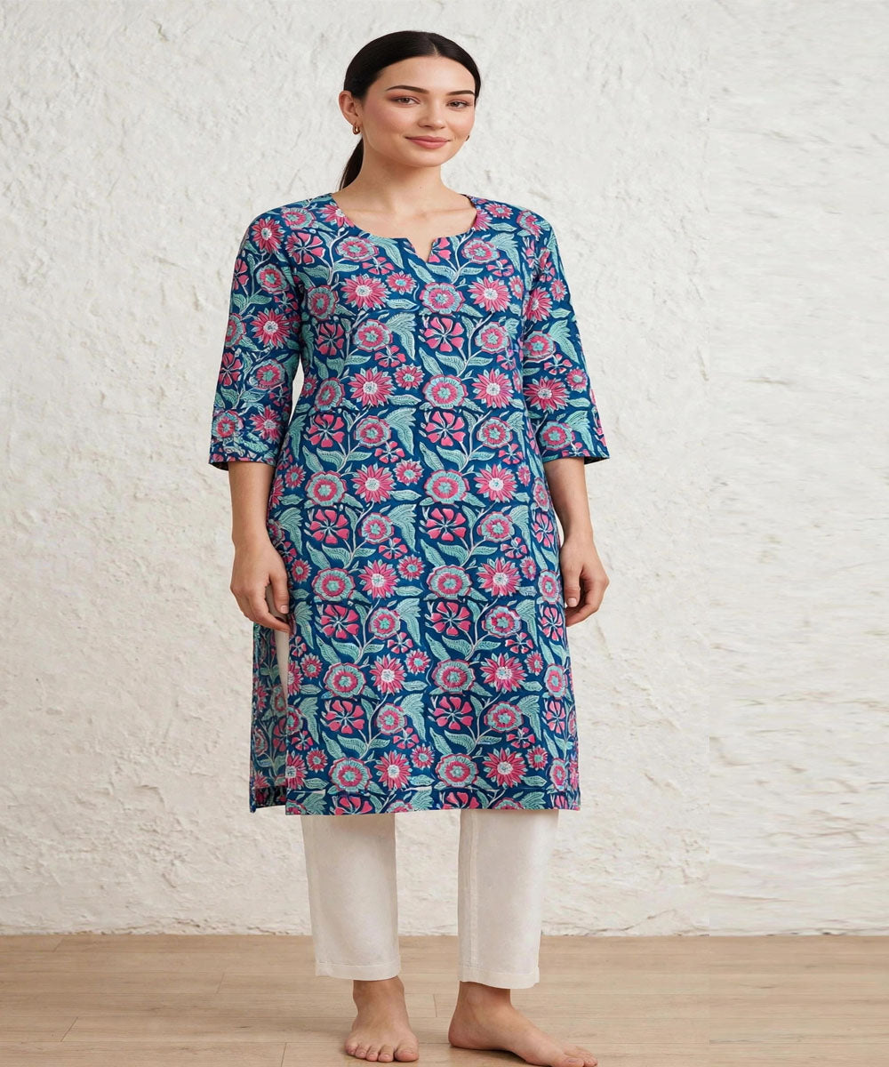 Blue hand block printed pure cotton kurti