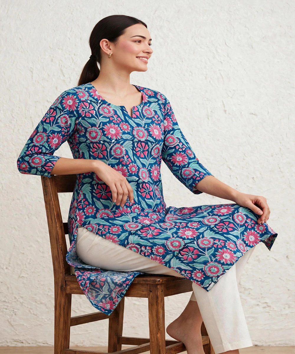 Blue hand block printed pure cotton kurti