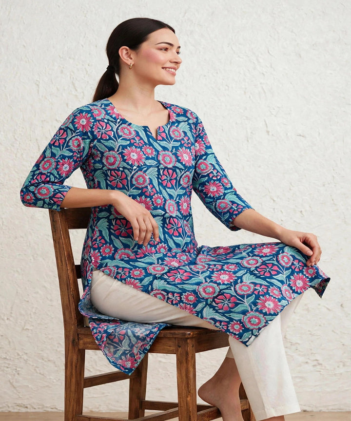 Blue hand block printed pure cotton kurti