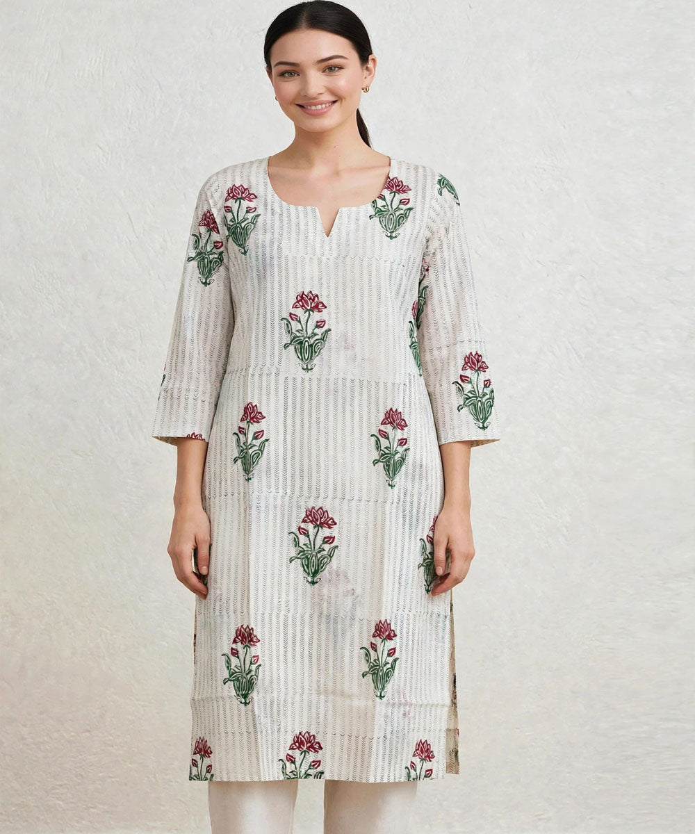 Off white red lotus hand block printed pure cotton kurti