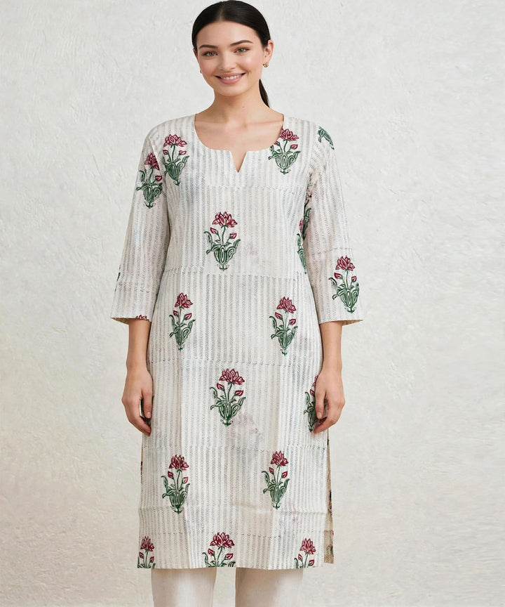 Off white red lotus hand block printed pure cotton kurti