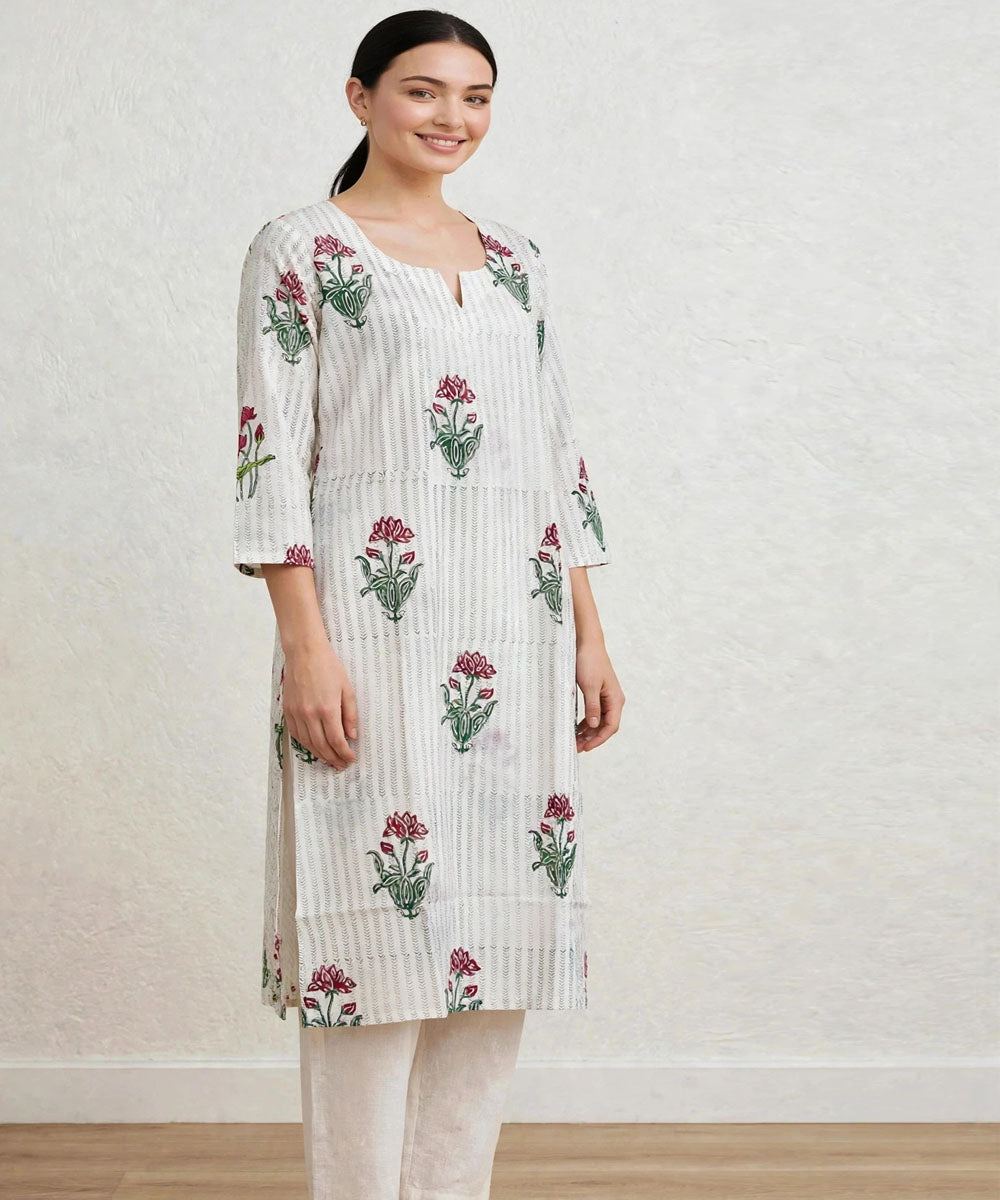 Off white red lotus hand block printed pure cotton kurti