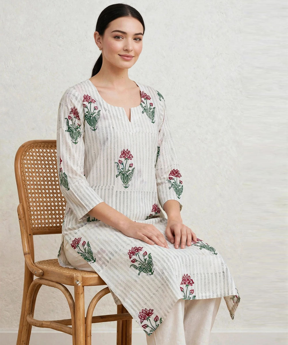Off white red lotus hand block printed pure cotton kurti