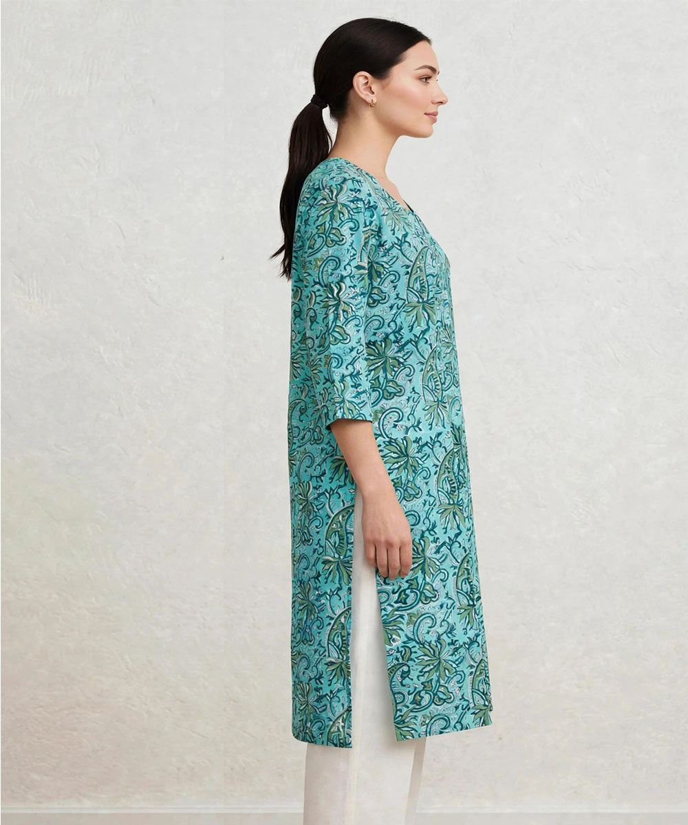 Turquoise and green hand block printed pure cotton kurti