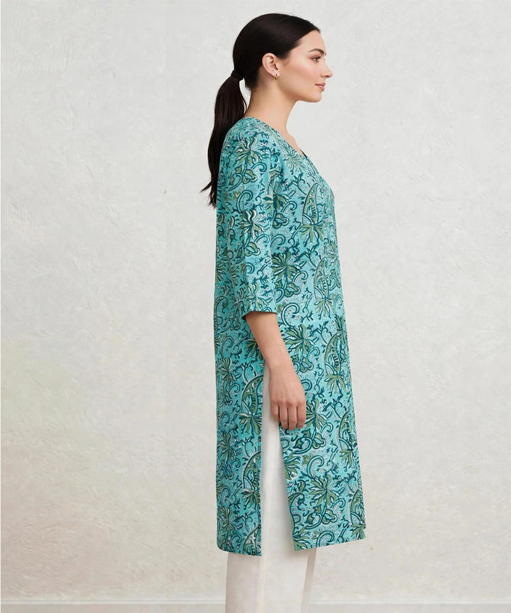 Turquoise and green hand block printed pure cotton kurti
