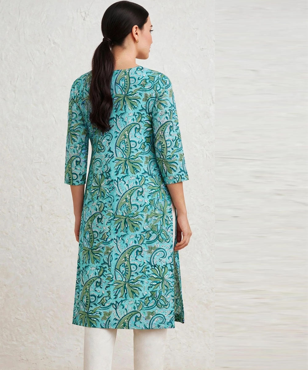 Turquoise and green hand block printed pure cotton kurti