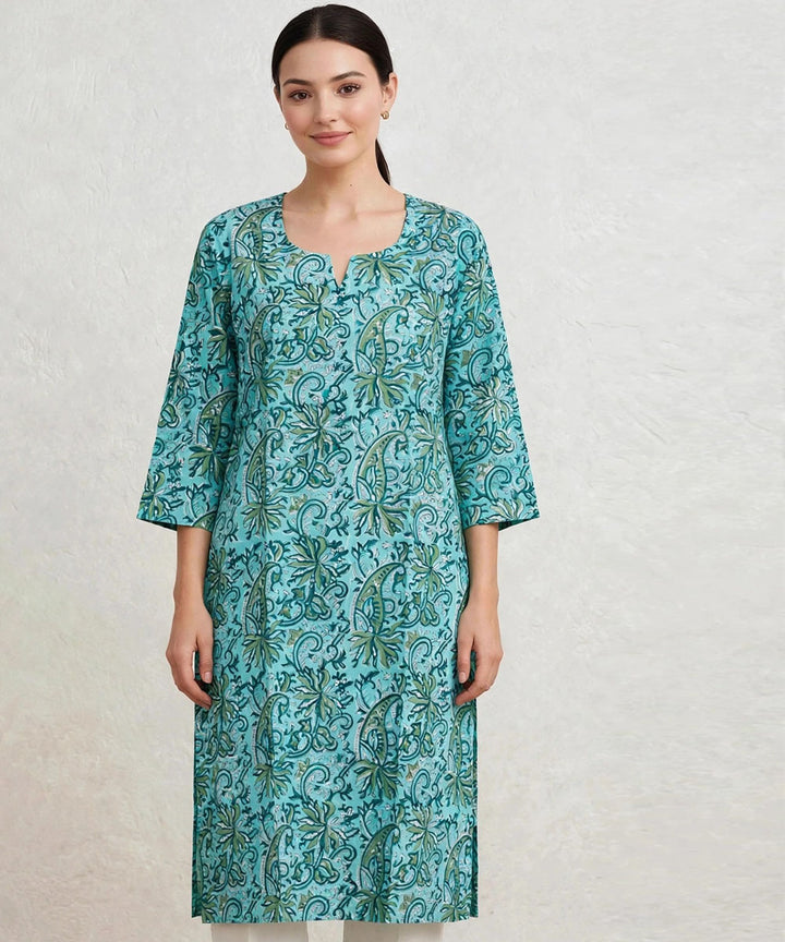 Turquoise and green hand block printed pure cotton kurti
