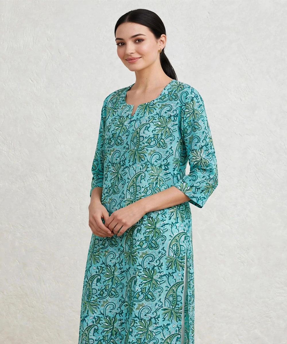 Turquoise and green hand block printed pure cotton kurti