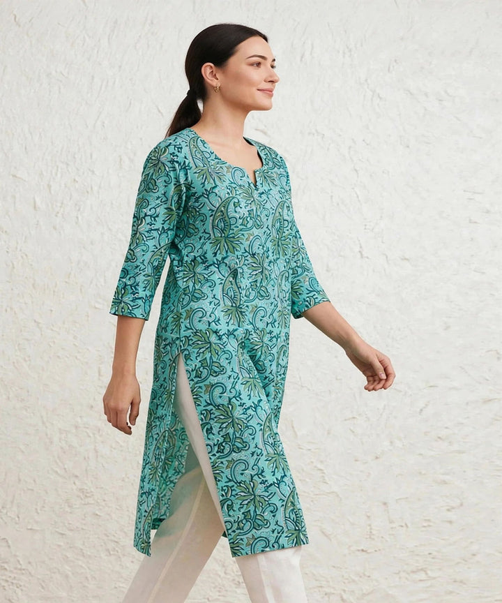 Turquoise and green hand block printed pure cotton kurti