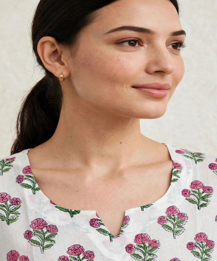 Pink white hand block printed pure cotton kurti