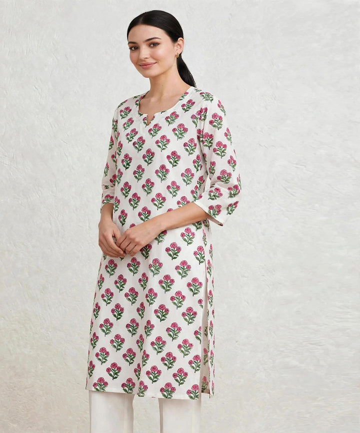 Pink white hand block printed pure cotton kurti