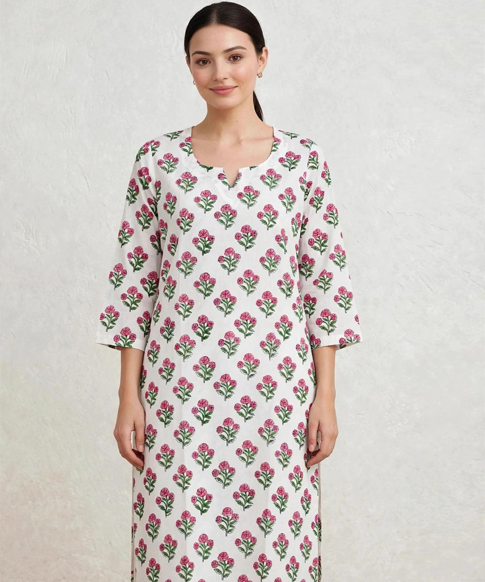 Pink white hand block printed pure cotton kurti